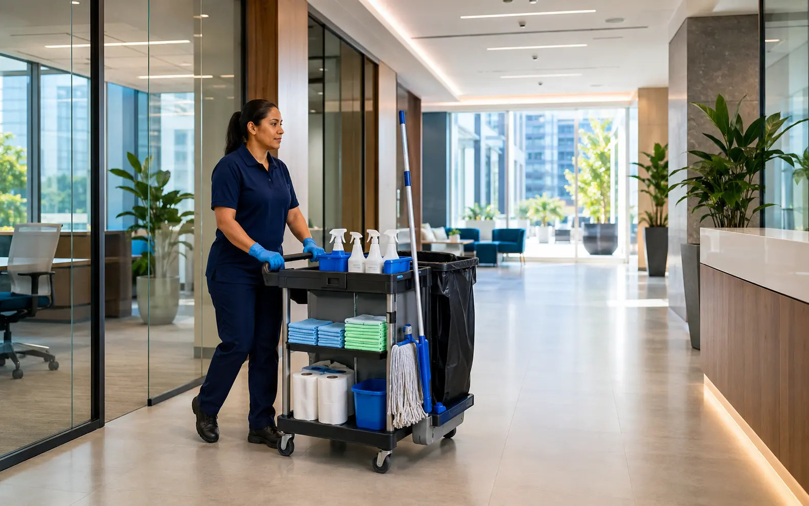 Professional cleaner providing routine custodial service with a janitorial cart